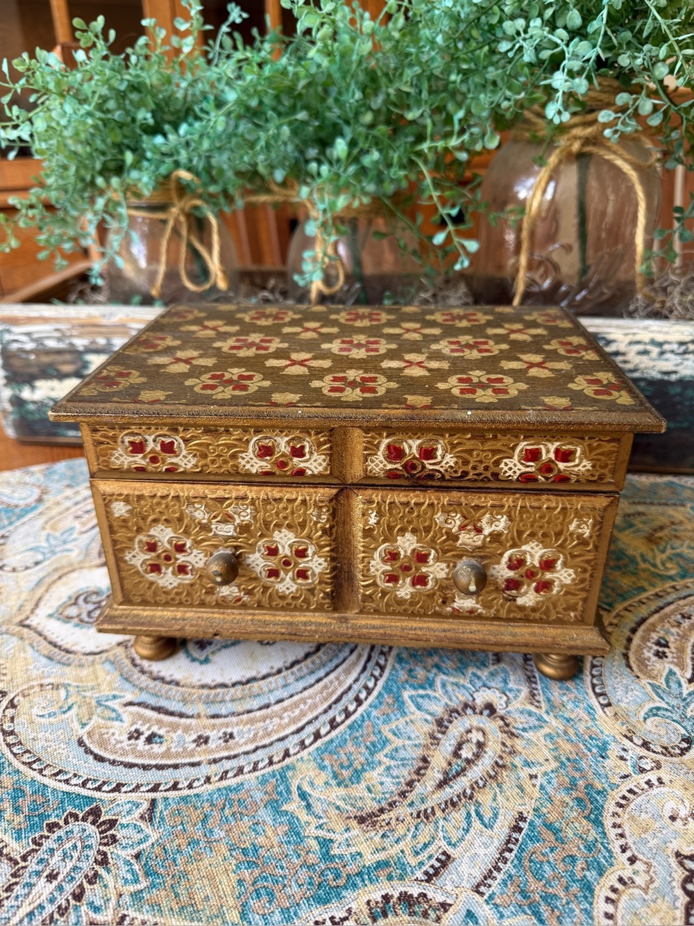 Musical Jewelry Box Floral 4 Drawer Mirror Vintage Japanese Jewelry Chest